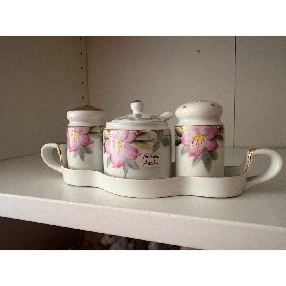 Noritake Azalea Salt Pepper Shaker Mustard Pot Set with Handled Tray Vintage